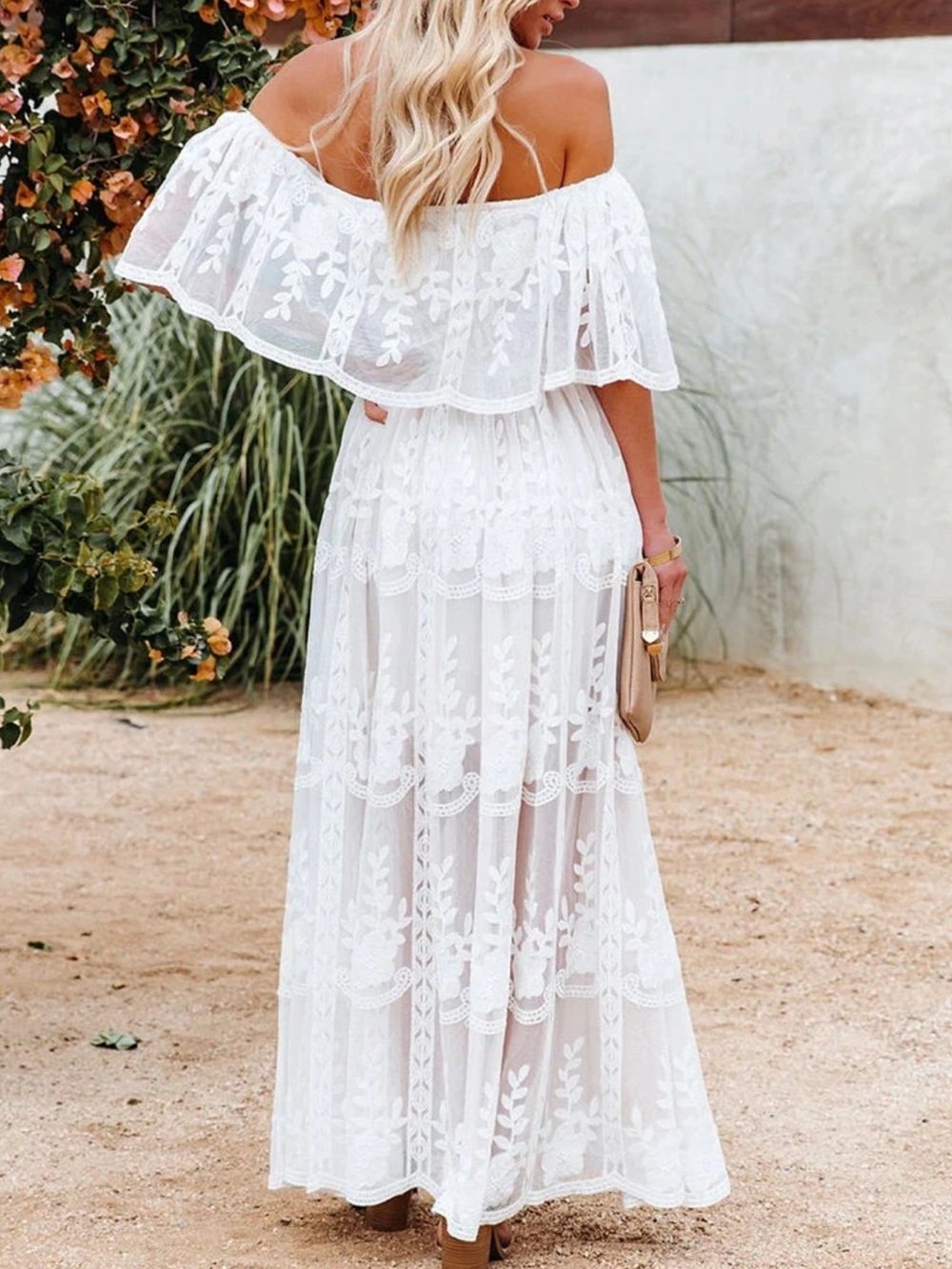 White Off-Shoulder Lace Maxi long gown bridesmaid wedding lace boho Dress - Picture 5 of 6